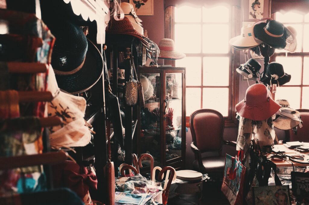 hoarded room of womens vintage clothes