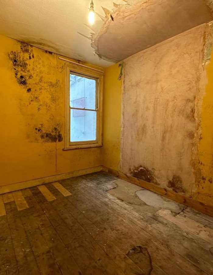 Room clearance with vast damp damage across the walls